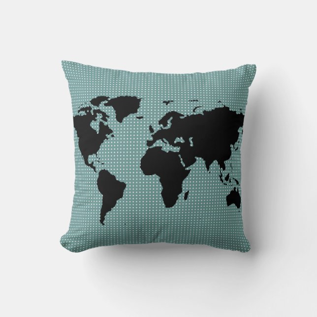 black world map and polka dots cushion (Front)