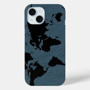 Black World Map Blue iPhone 15 Case