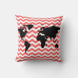 black world map / coral chevron cushion