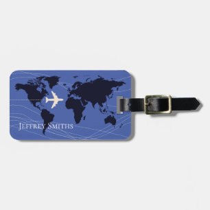 Black World Map on Blue travel luggage tag