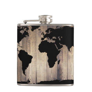 Black World Map Rustic Wood Planks Hip Flask
