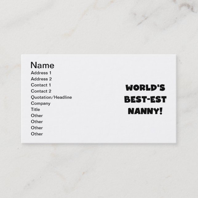 Black World's Best-est Nanny T-shirts and Gifts Business Card (Front)