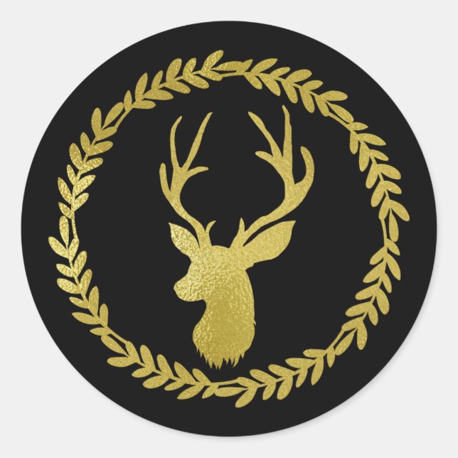 Black Wreath Gold Deer Christmas Classic Round Sticker (Front)
