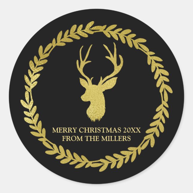 Black Wreath Gold Deer Christmas Custom Classic Round Sticker (Front)