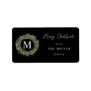 Black & Wreath Monogram Merry Christmas Label V2