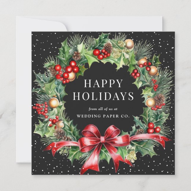 Black Wreath Snow Corporate Business Holiday Card (Front)