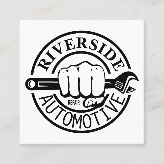 Black Wrench Hand Auto Repair Shop Modern Logo Square Business Card (Front)