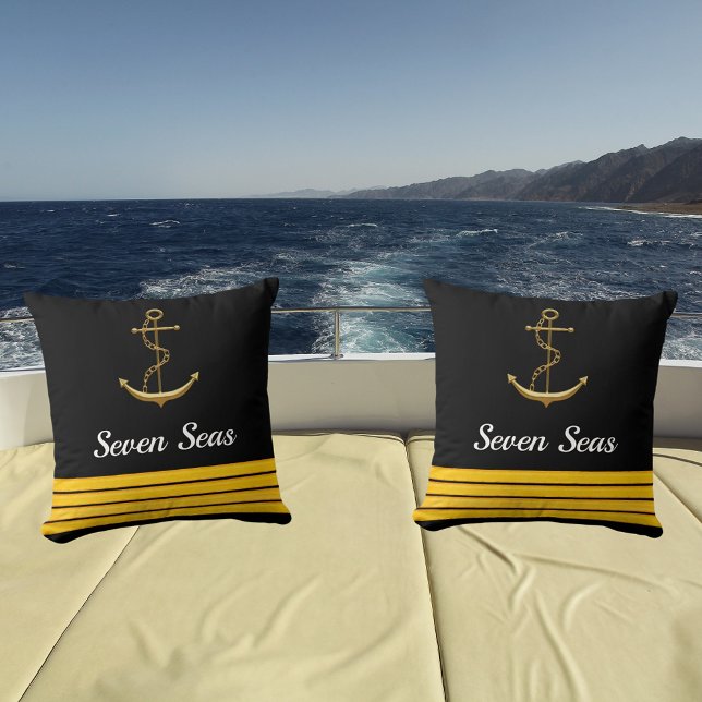 Black yacht boat gold anchor captain stripes cushion (Creator Uploaded)