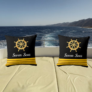Black yacht boat name gold steering wheel stripes cushion
