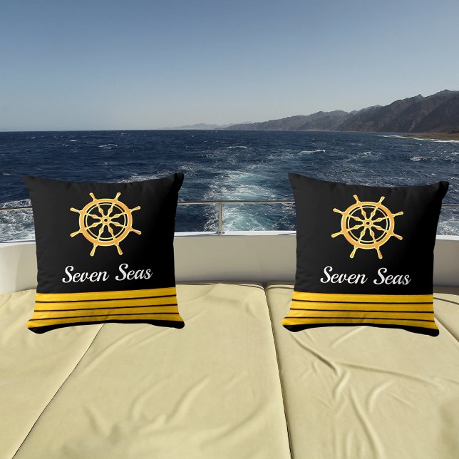 Black yacht boat name gold steering wheel stripes cushion (Creator Uploaded)