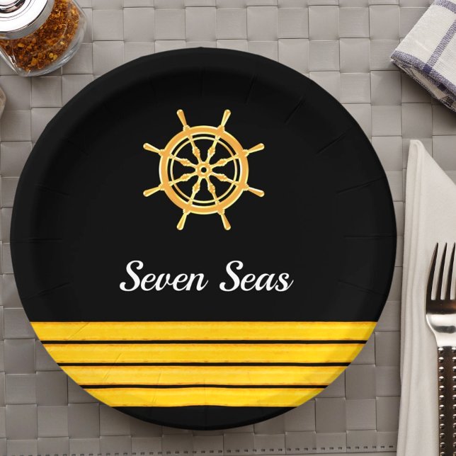 Black yacht boat name gold steering wheel stripes paper plate (Creator Uploaded)