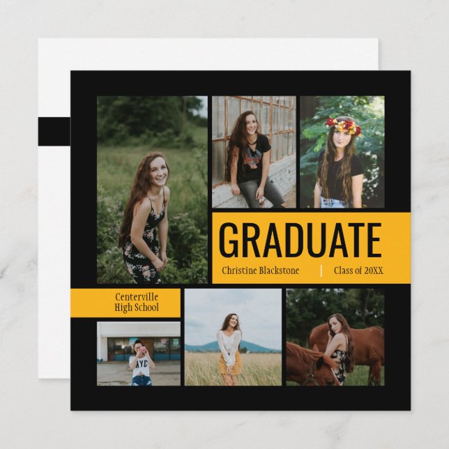 Black & Yellow 6 Photo Graduation Invitation (Front/Back)