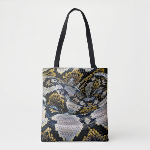 Black, yellow, and gray python tote bag