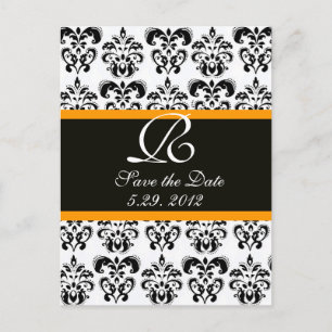 BLACK YELLOW AND WHITE DAMASK MONOGRAM ANNOUNCEMENT POSTCARD