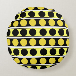 Black, Yellow and White Stripes and Polka Dots rou Round Cushion