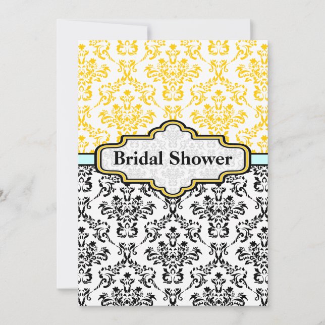 Black yellow aqua damask wedding bridal shower invitation (Front)