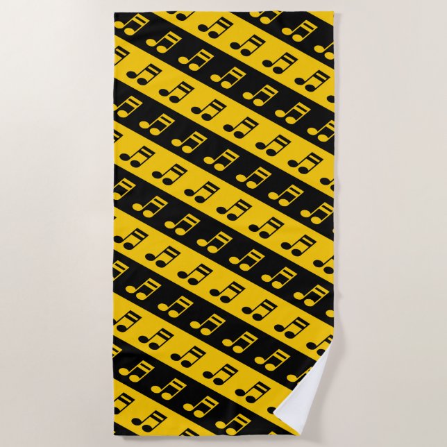 Black & Yellow Beamed Sixteenth Notes Pattern Beach Towel (Front)