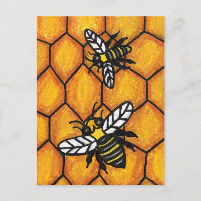 Black Yellow Bees White Wings on Golden Honeycomb Postcard (Front)