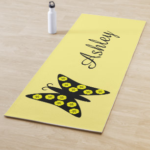 Black/Yellow Butterfly Design Yoga Mat