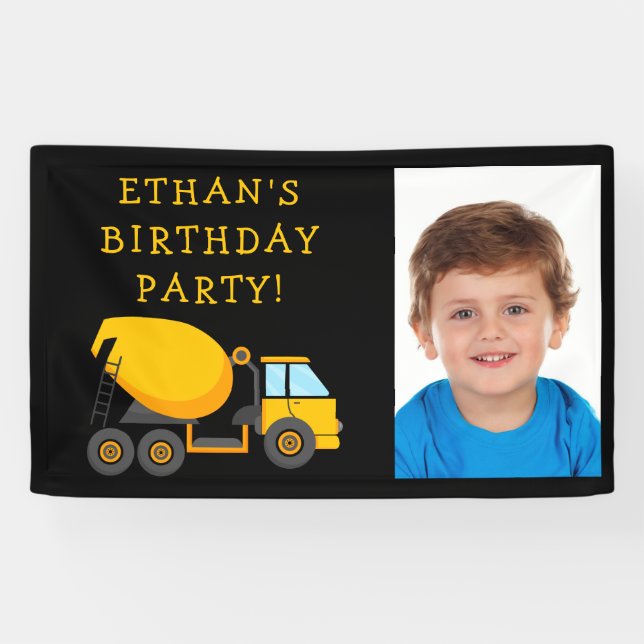 Black Yellow Cement Truck Child's Birthday Photo Banner (Horizontal)