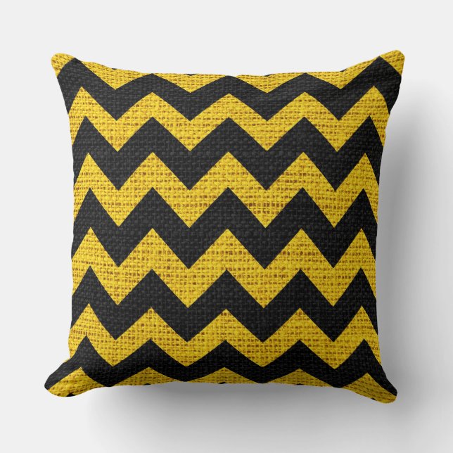 Black & Yellow Chevron Pattern Burlap Rustic Jute Cushion (Front)