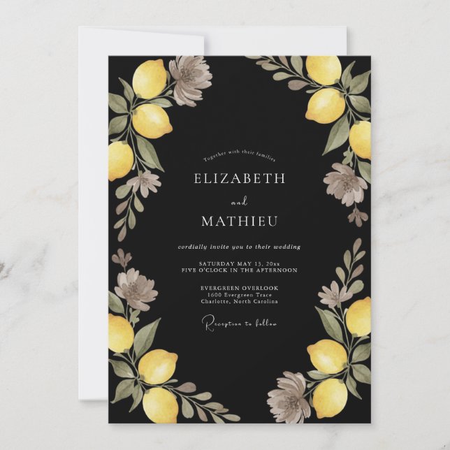 Black Yellow Citrus Dusty Eucalyptus Wedding Invitation (Front)