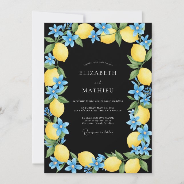 Black Yellow Citrus Eucalyptus Wedding Invitation (Front)