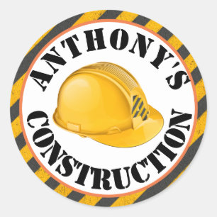 Black & Yellow Construction Hard Hat 4th Birthday Classic Round Sticker
