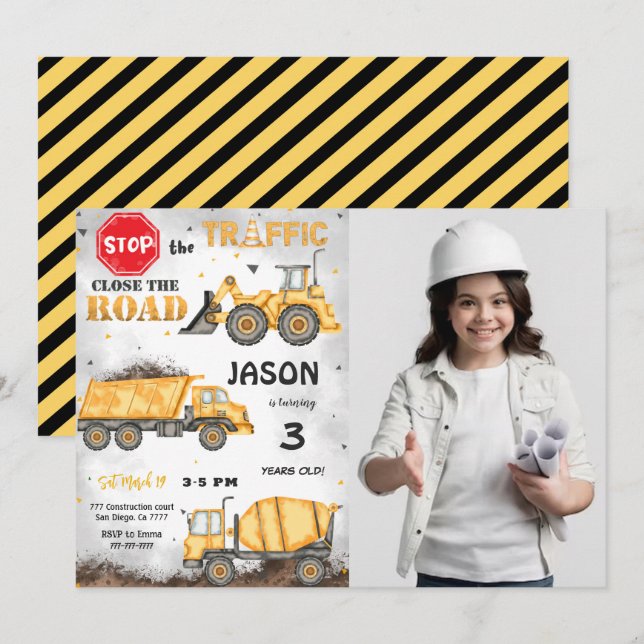 Black & Yellow Construction Photo Invitation (Front/Back)