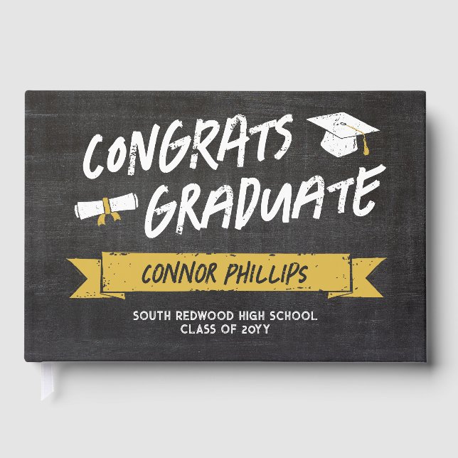 Black Yellow Cool Chalk Congrats Graduate Guest Book (Front)