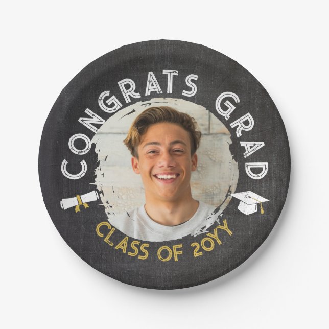 Black Yellow Cool Chalk Photos Congrats Grad Paper Plate (Front)