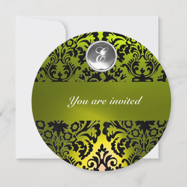 BLACK & YELLOW DAMASK GEM STONE MONOGRAM INVITATION (Front)