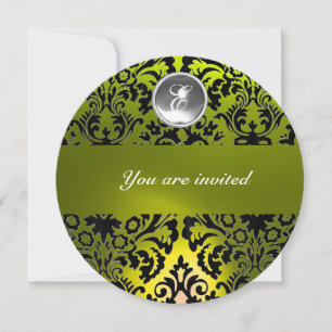 BLACK & YELLOW DAMASK GEM STONE MONOGRAM INVITATION