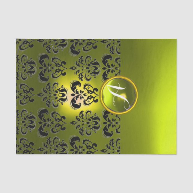 BLACK YELLOW DAMASK GEMSTONE MONOGRAM Floral Tissue Paper (Front)