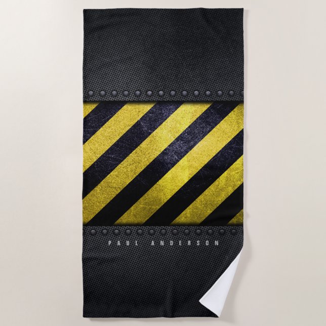 Black Yellow Danger Stripes Construction Engineer Beach Towel (Front)