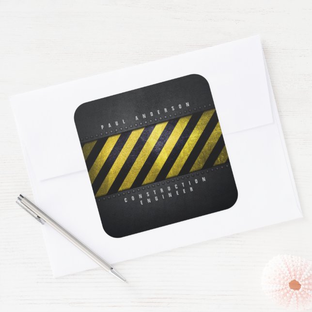 Black Yellow Danger Stripes Construction Engineer Square Sticker (Envelope)