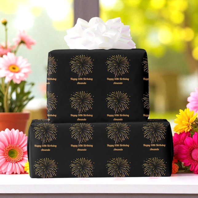 Black Yellow Fireworks Birthday Wrapping Paper (Creator Uploaded)