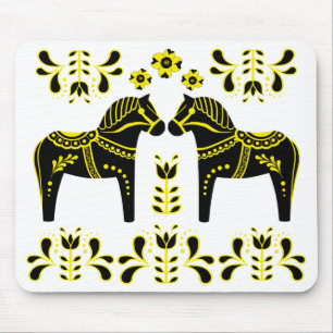 Black/yellow Folk Dala horse/Folk Friesian Mouse Pad
