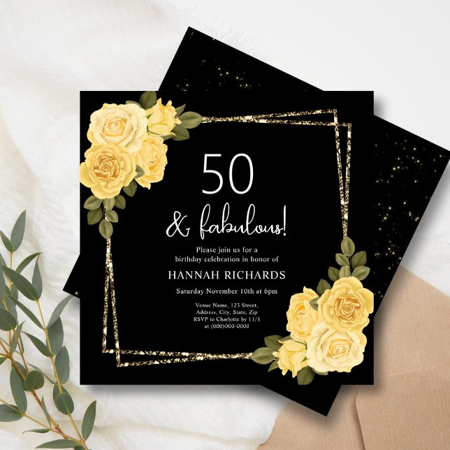 Black Yellow & Gold Floral 50th Birthday  Invitation (Creator Uploaded)