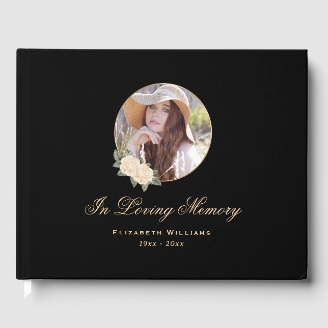 Black Yellow Gold Floral Memorial Funeral Photo Guest Book (Front)