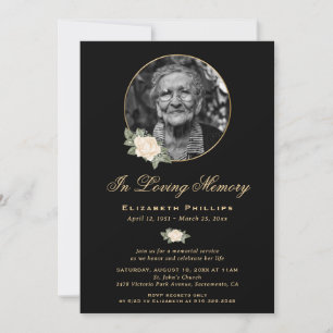 Black Yellow Gold Floral Memorial Service Photo Invitation