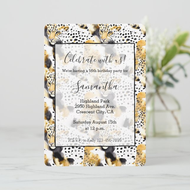 Black Yellow Gold Leopards Animal Print Invitation (Standing Front)
