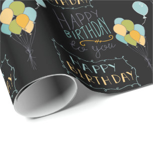Black Yellow Green Blue Happy Birthday Balloons Wrapping Paper