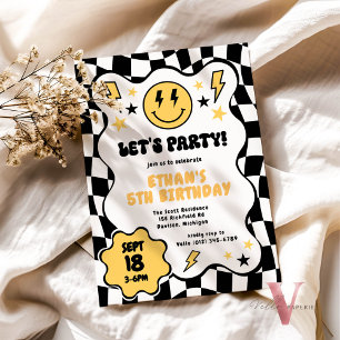 Black Yellow Groovy Smile Checkered Retro Birthday Invitation