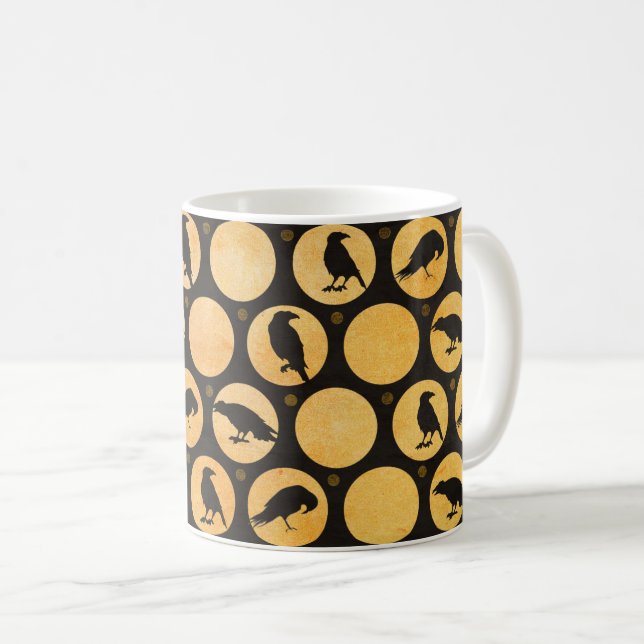 Black & Yellow Halloween Full Moon Ravens Crows Coffee Mug (Front Right)