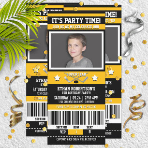 Black/Yellow Hockey Ticket Birthday Party Invitation