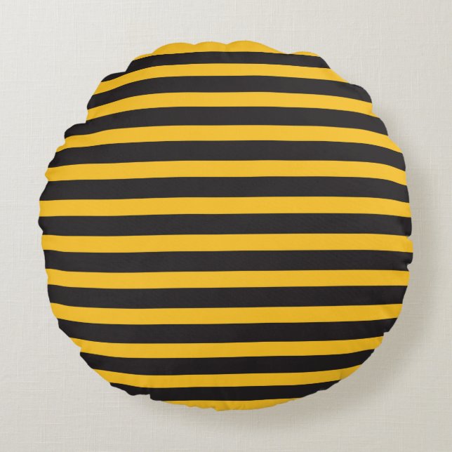 Black Yellow Horizontal Lines Geometric Bee Animal Round Cushion (Front)