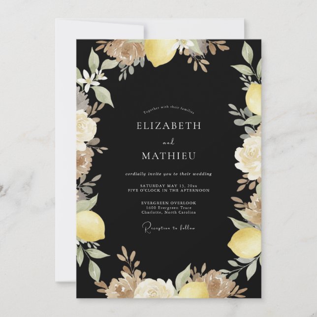 Black Yellow Lemon Eucalyptus Wedding Invitation (Front)