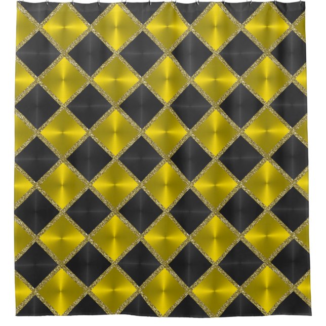 Black  Yellow Metallic Looking Squares with Gold Shower Curtain (Front)