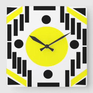 Black Yellow Mid Century Modern Geometric Mandala Square Wall Clock
